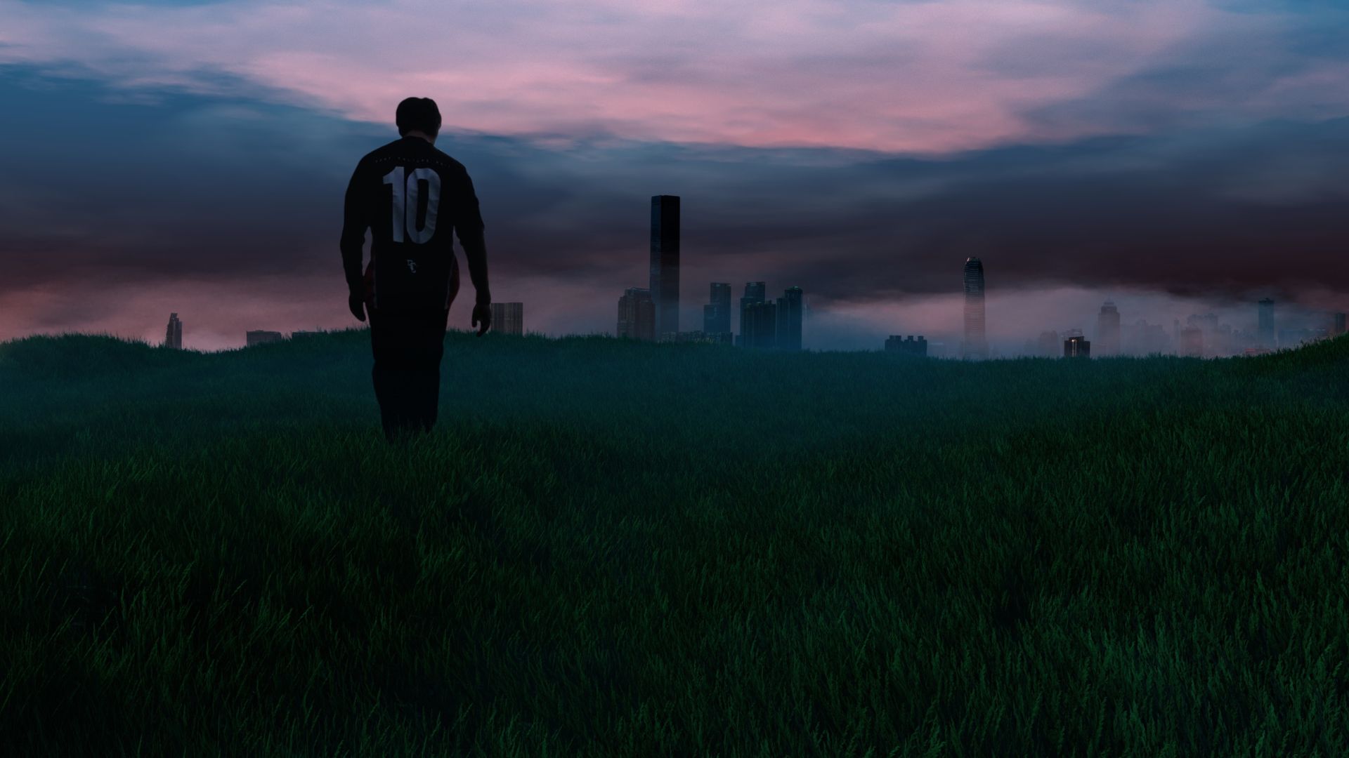 digital image of person in jersey #10 walking through grass toward city